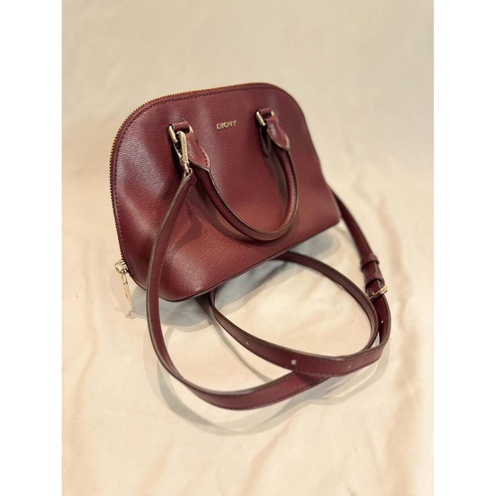 DKNY‎ Burgundy Saffiano Leather Dome Satchel Crossbody Bag Gold Hardware